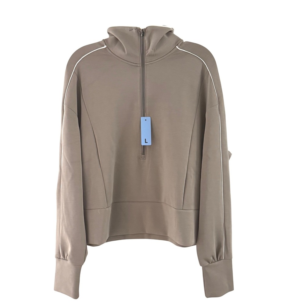 New Member's Mark Pullover Womens L Taupe Sandwash Half Zip Piping Activewear - Picture 14 of 16